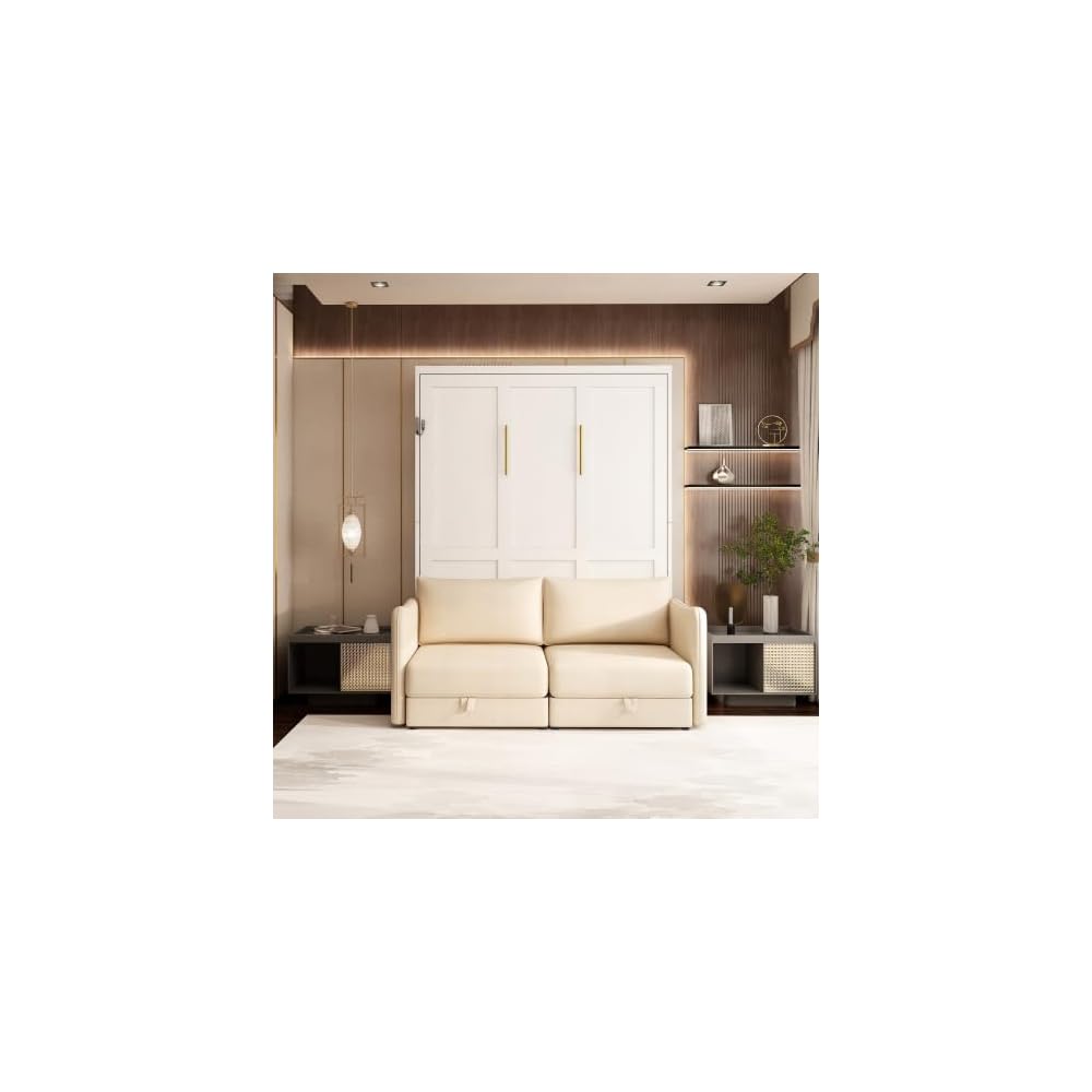 Queen Murphy Bed with Sofa, Space-Saving Wall Bed, Metal Frame, White
