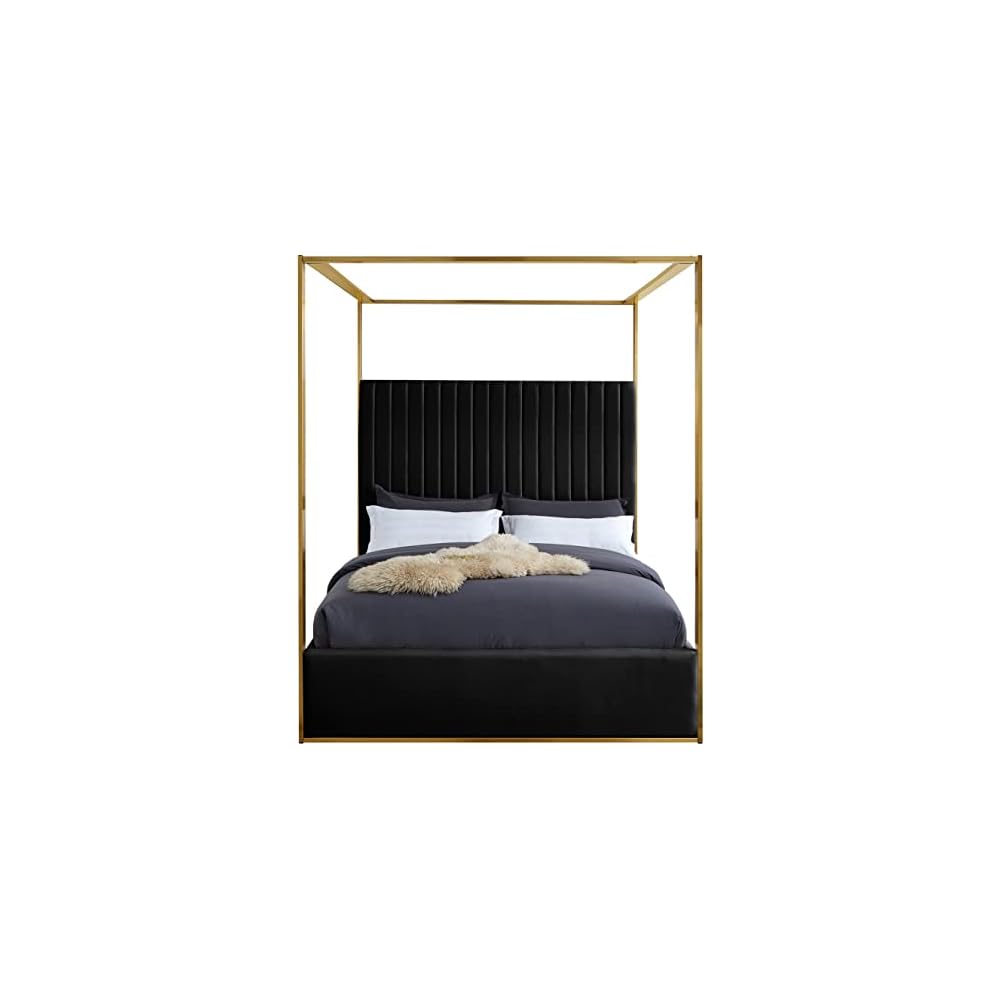 JonesBlack-Q Jones Collection Modern | Contemporary Upholstered Queen Bed, Black Velvet, Channel Tufting, Brushed Brass Frame, 66.5" W x 86.5" D x 79" H, Black, Queen