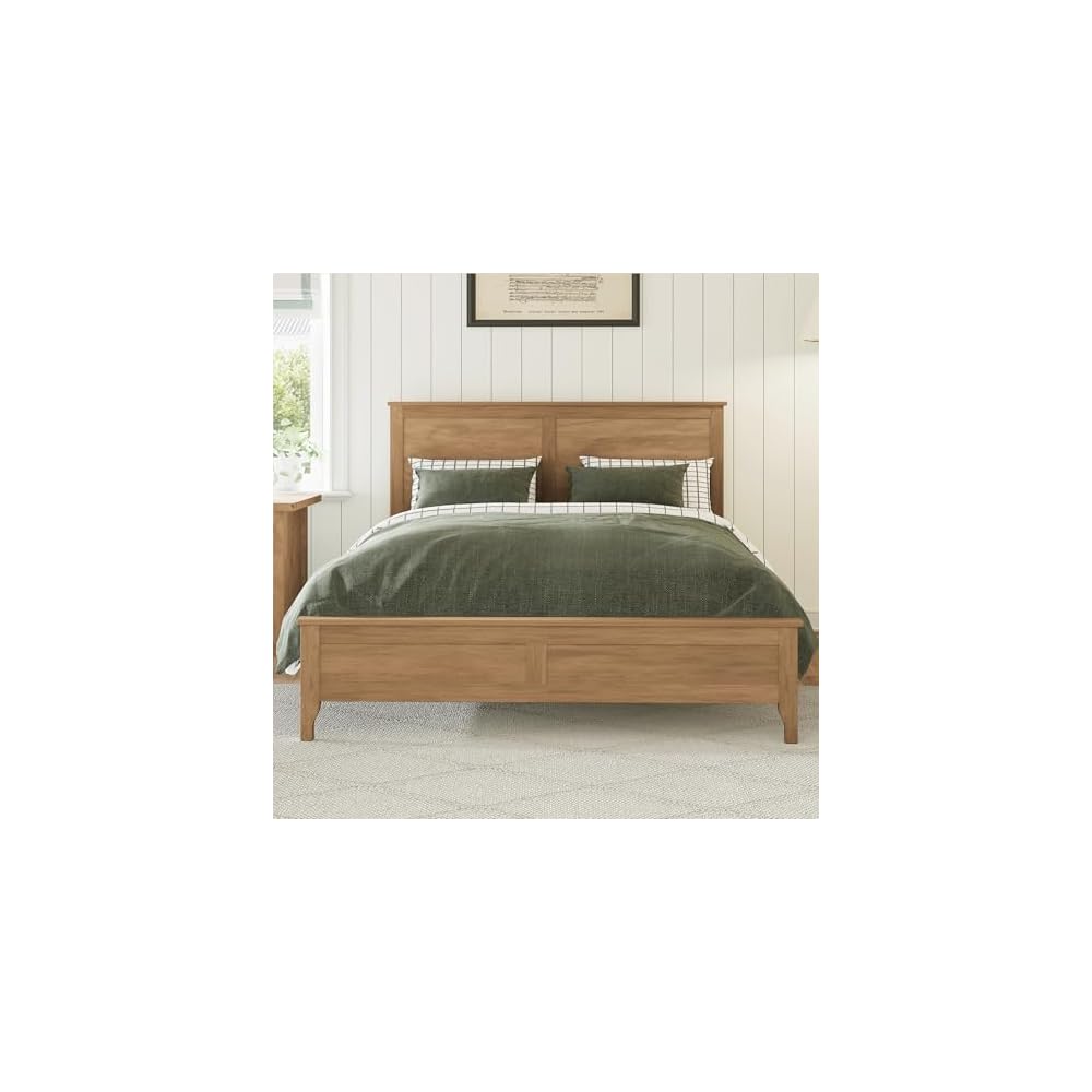 Full Size Pinewood Platform Bed, Modern Bed Frame with Tall Headboard, Solid Bedframe Full-Size for Bedroom Guest Room, Wood Slat Support, No Box Spring Needed, Easy Assembly, Brown