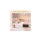 Twin Velvet Upholstered Daybed with Pop Up Trundle, Twin Size Sofa Day Bed with LED Light & USB Port, Waved-Shape & Vertical Stripes Design, for Living Room, Bedroom, Guest Room, Pink