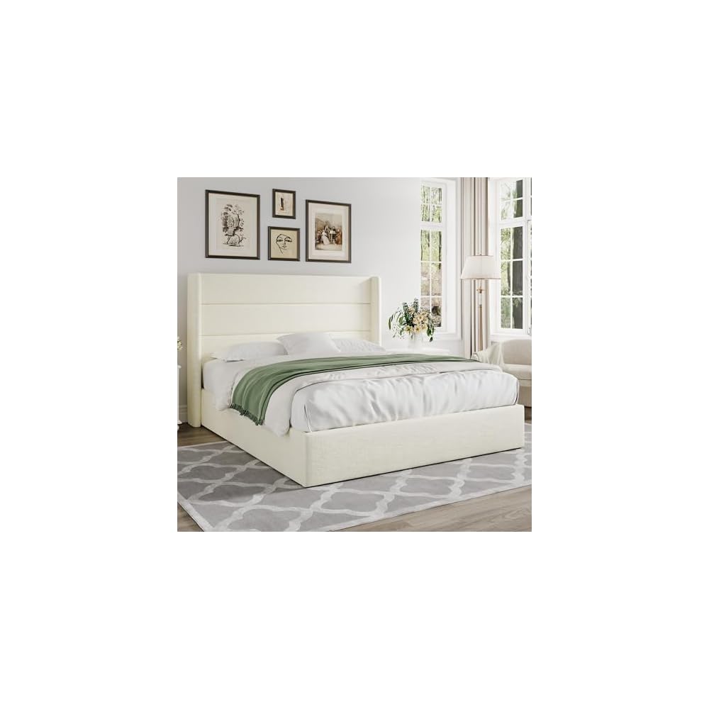 Queen Size Chenille Lift Up Hydraulic Storage Bed Frame Cream White