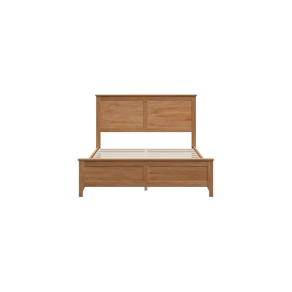 Full Size Pinewood Platform Bed, Modern Bed Frame with Tall Headboard, Solid Bedframe Full-Size for Bedroom Guest Room, Wood Slat Support, No Box Spring Needed, Easy Assembly, Brown