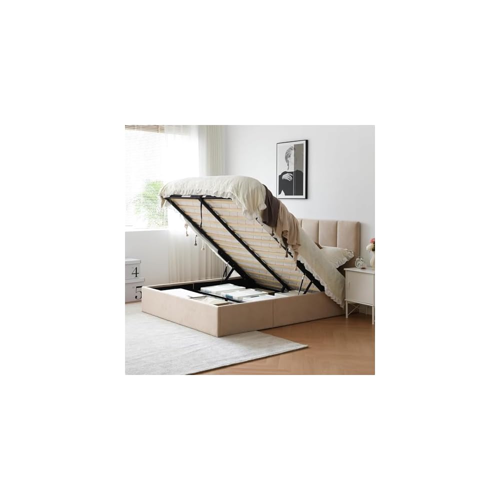 Queen Size Lift-Up Hydraulic Storage Bed, Beige Linen Upholstered Platform Bed with Vertical Channel Headboard, Wooden Slat Support, No Box Spring Needed, Easy Assembly