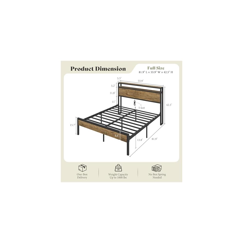 Full Size Metal Bed Frame with Charging Station