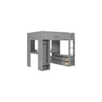 Full Size Wood Loft Bed with L-Shaped Desk, Storage Cabinet, Gray