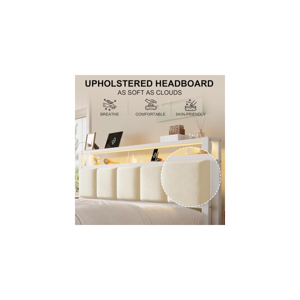 Queen Size Bed Frame with Charging Station and LED Lights, White