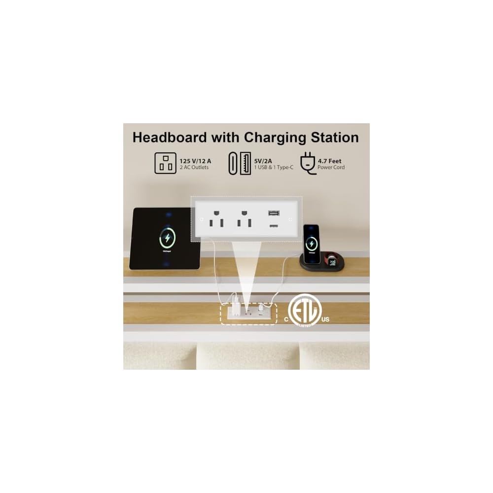 Queen Size Bed Frame with Charging Station and LED Lights, White