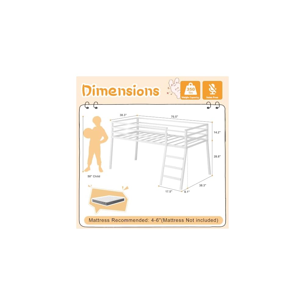 Loft Bed Twin Size with Stairs and Guard, White