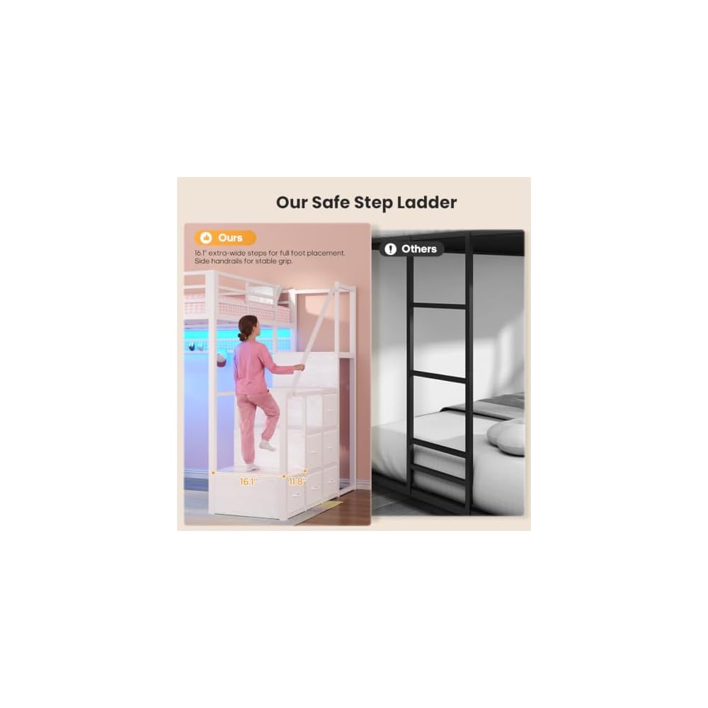 Full Size Loft Bed with 55.5" Desk and Storage Stairs, White