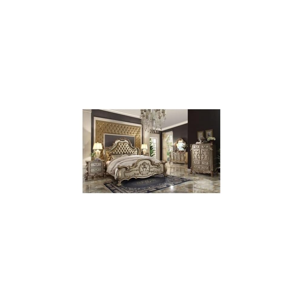 Furniture Dresden Bed, Bone PU/Gold Patina, Queen