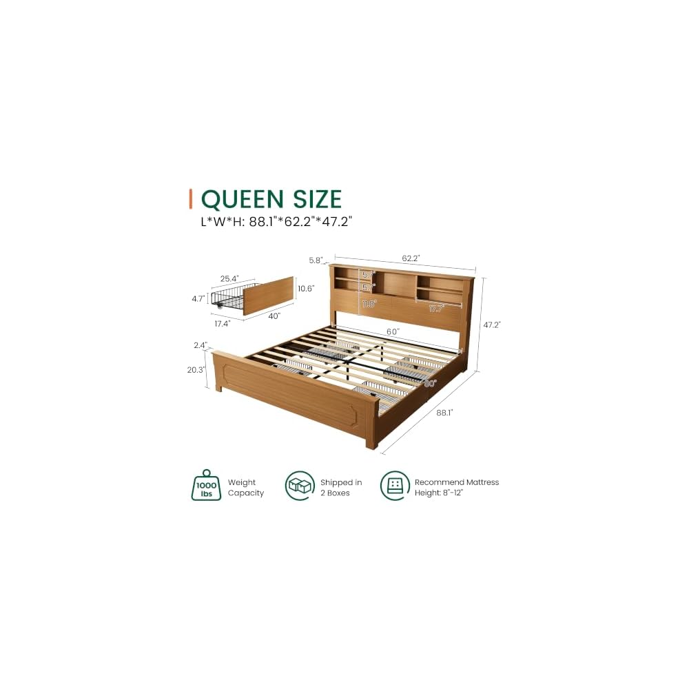 Queen Bed Frame with Headboard and Storage,4 Drawers,Brown