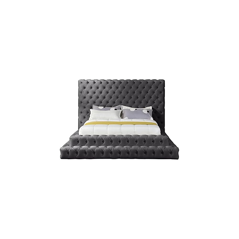 RevelGrey-Q Revel Collection Modern | Contemporary Grey Velvet Upholstered Bed with Deep Button Tufting, 85" W x 98" D x 60" H, Grey, Queen