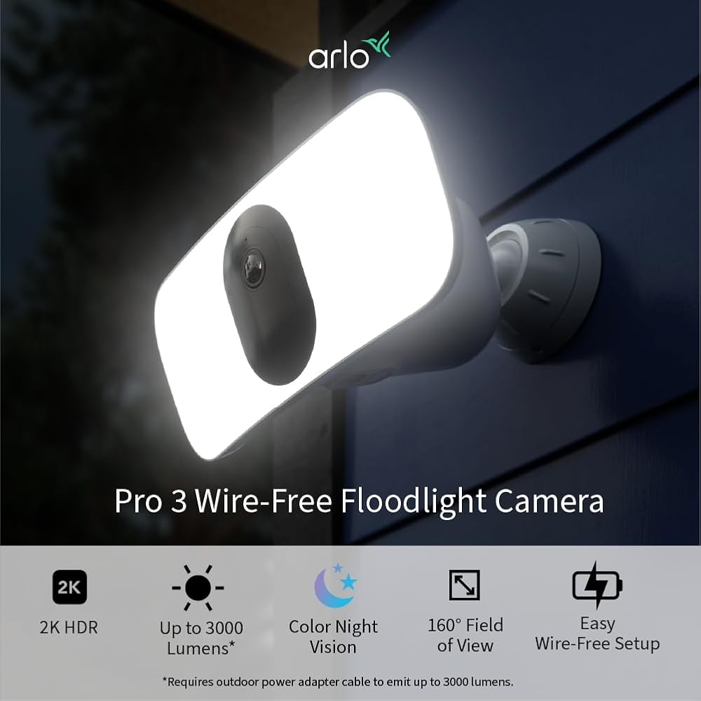 Arlo Pro 3 Floodlight Security Camera 2K HDR 2000-3000 Lumens | Wire-Free | Protect Driveways &amp; Alleyways | Connects to Wi-Fi | Color Night Vision, Motion Sensor, 2-Way Audio, Rechargeable (White)