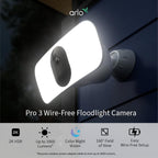 Arlo Pro 3 Floodlight Security Camera 2K HDR 2000-3000 Lumens | Wire-Free | Protect Driveways &amp; Alleyways | Connects to Wi-Fi | Color Night Vision, Motion Sensor, 2-Way Audio, Rechargeable (White)
