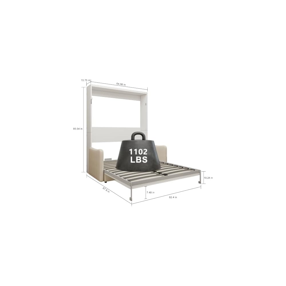 Queen Murphy Bed with Sofa, Space-Saving Wall Bed, Metal Frame, White