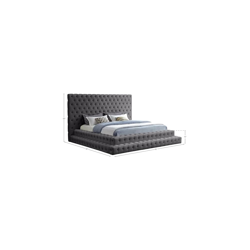 RevelGrey-Q Revel Collection Modern | Contemporary Grey Velvet Upholstered Bed with Deep Button Tufting, 85" W x 98" D x 60" H, Grey, Queen