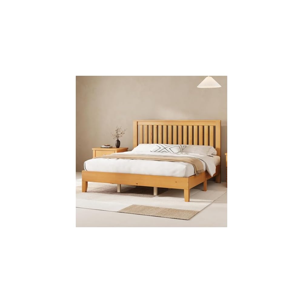 Solid Wood King Size Bed Frame with 46" Headboard, Light Wood