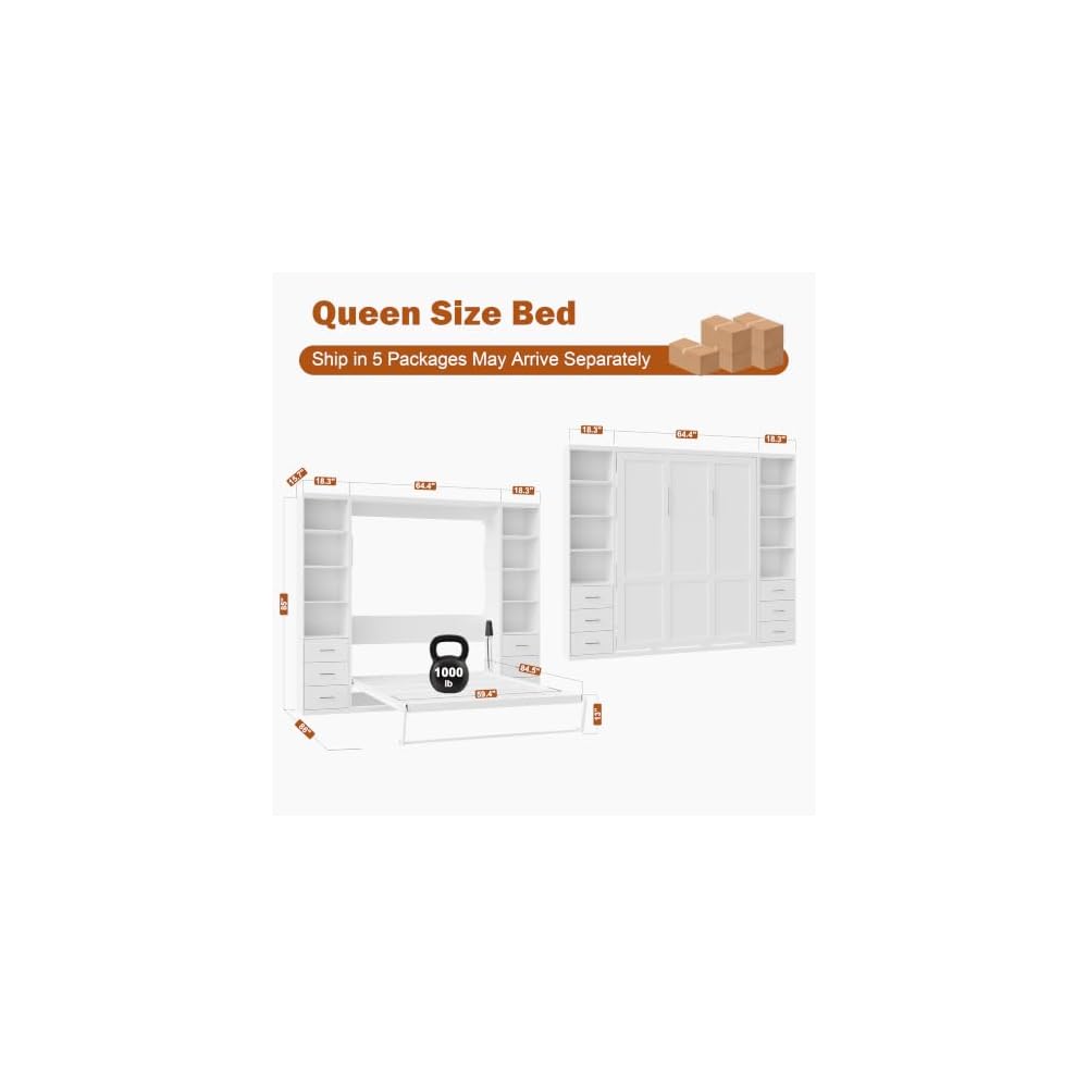 Queen Murphy Bed with 2 Bookcase, Space-Saving Wall Bed, White