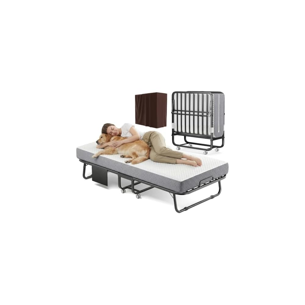Folding Bed with Memory Foam Mattress Portable Rollaway Guest Beds on Wheels, 75"x31" Twin Size Space-Saving Cot-Size Bed for Adults with Easy Assembly Metal Frame (White)