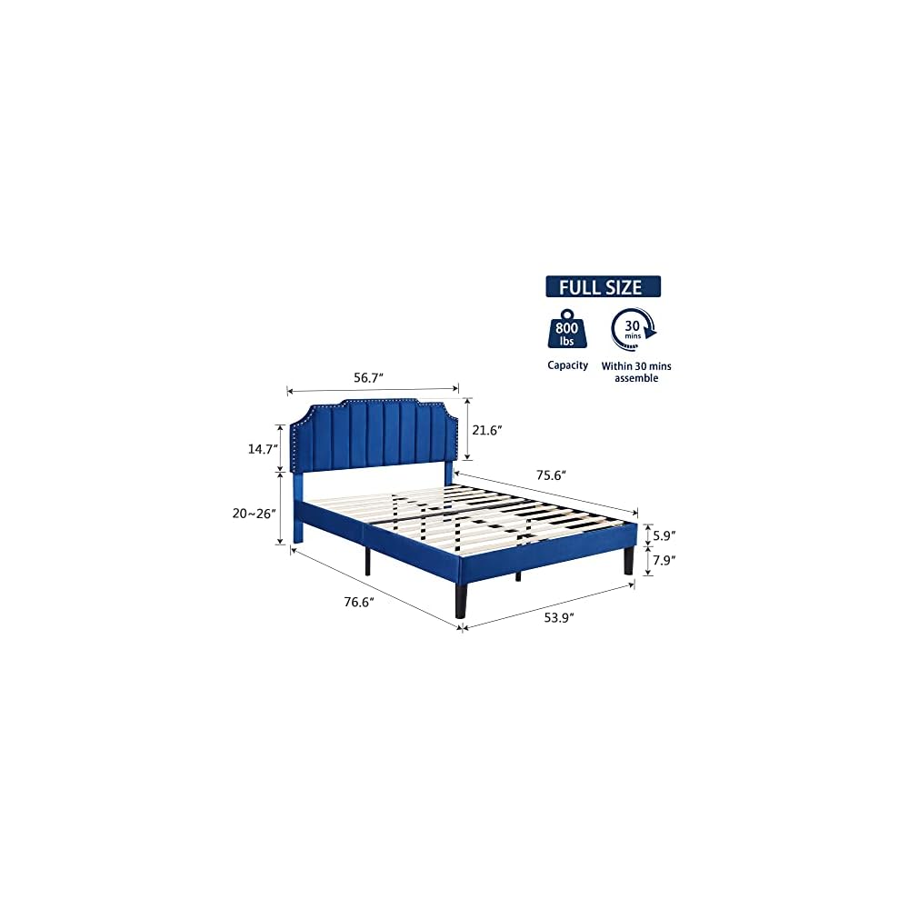 Full Upholstered Platform Bed Frame with Tufted Adjustable Headboard/Mattress Foundation/Wood Slat Support,Easy Assembly,Navy Blue