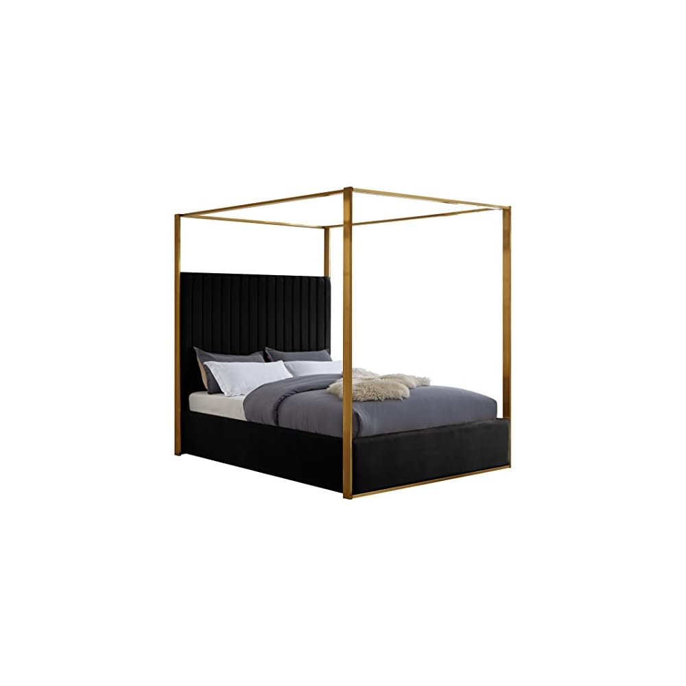 JonesBlack-Q Jones Collection Modern | Contemporary Upholstered Queen Bed, Black Velvet, Channel Tufting, Brushed Brass Frame, 66.5" W x 86.5" D x 79" H, Black, Queen
