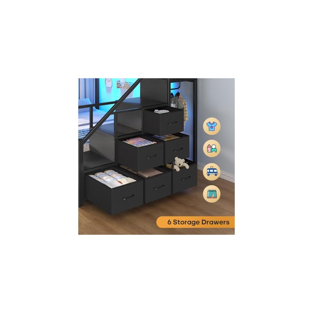 Bunk Bed Full Over Full with Stairs, Storage Drawers and LED Lights