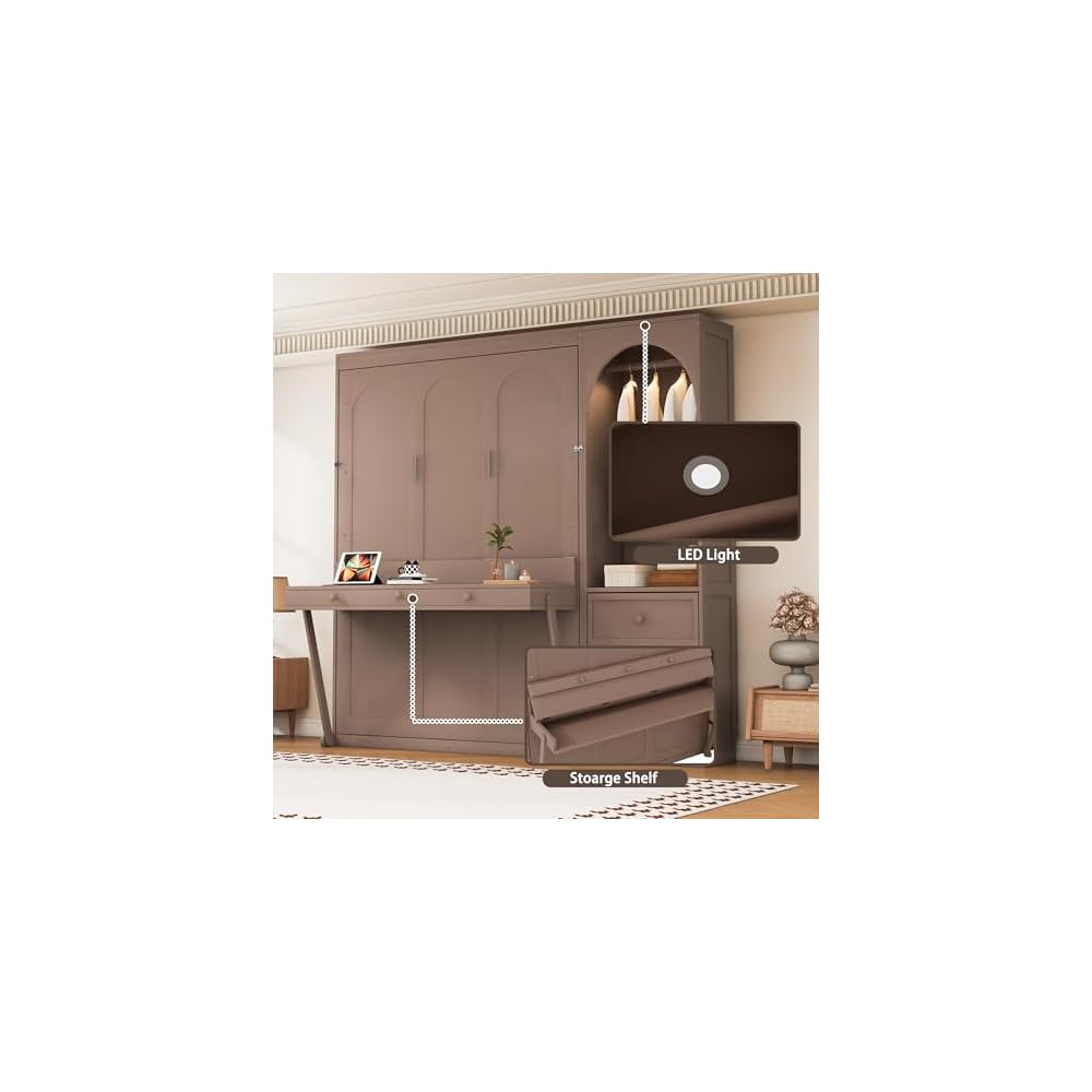Queen Murphy Bed with Desk and Storage & LED Light, Solid Wood Murphy Wall Bed Cabinet with Storage Drawers &Clothes Rack,Space Saving for Office Bedroom Library,Guest Room (Queen,Brown)