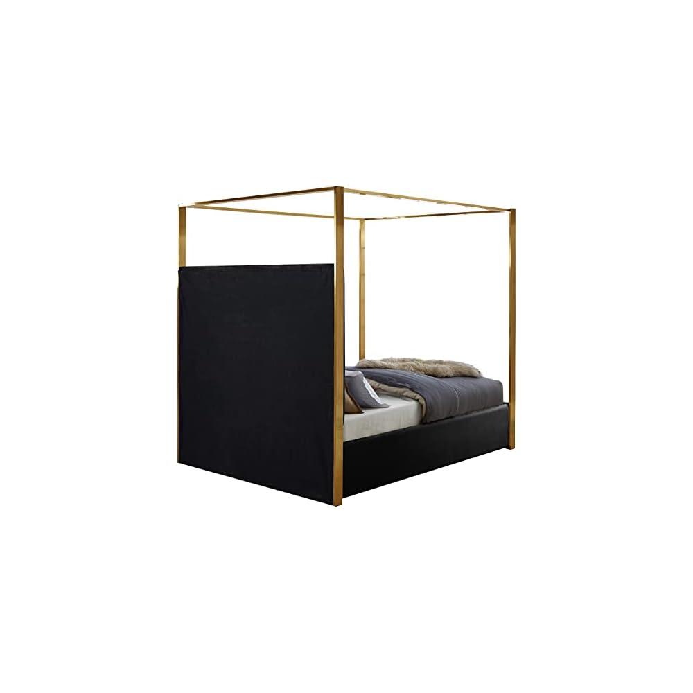 JonesBlack-Q Jones Collection Modern | Contemporary Upholstered Queen Bed, Black Velvet, Channel Tufting, Brushed Brass Frame, 66.5" W x 86.5" D x 79" H, Black, Queen