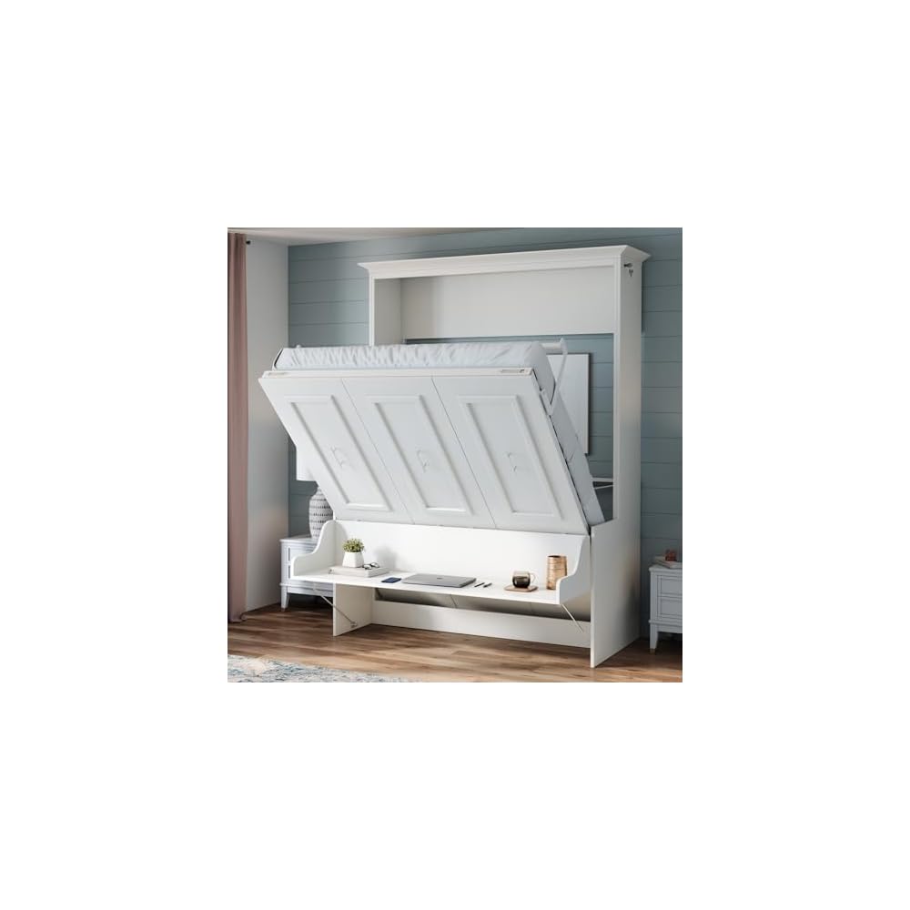 Alegra Full Murphy Bed with Desk | Engineered and Solid Wood Construction | Smooth Painted Finish - NO Melamine Used | Perfect for a Home Office Guest Bed (Warm White)