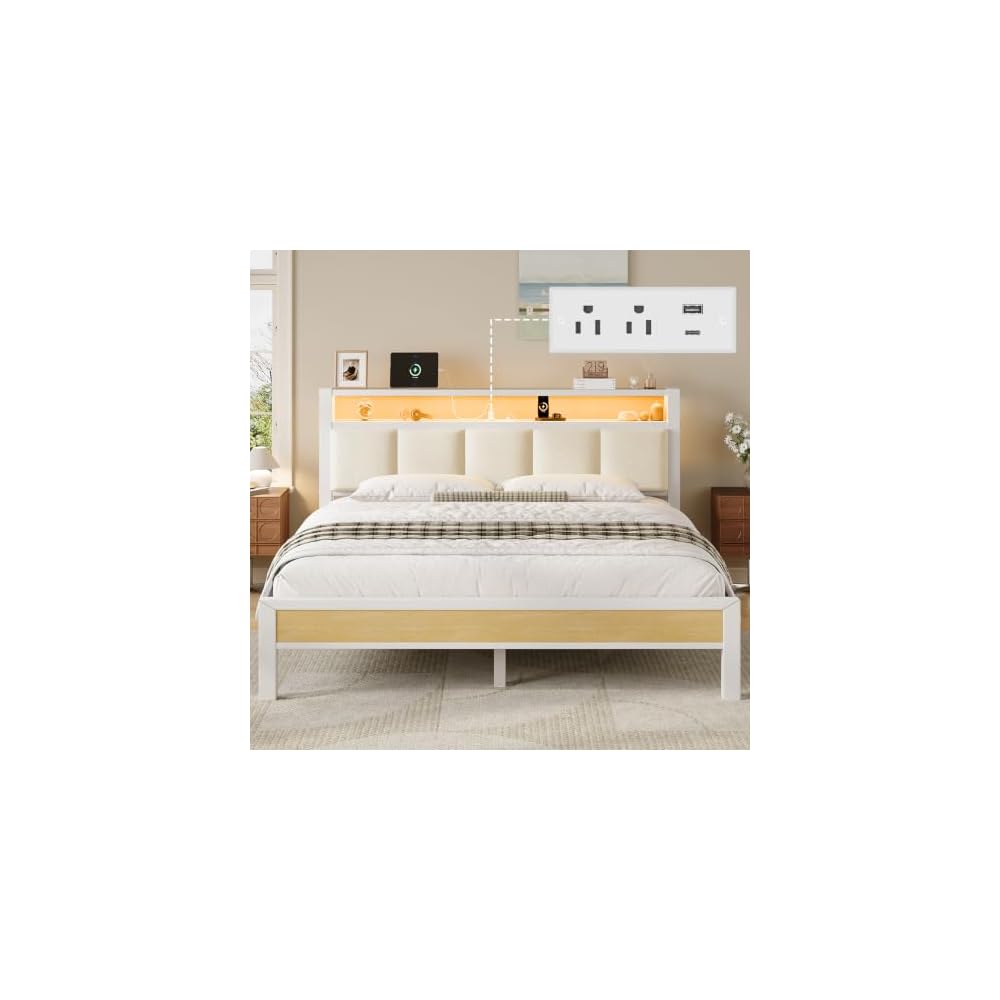 Queen Size Bed Frame with Charging Station and LED Lights, White