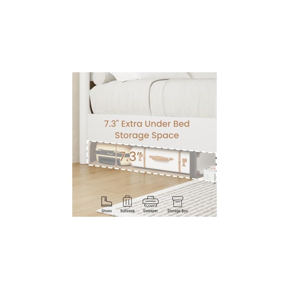 King Size Platform Bed Frame with Wood Headboard, White
