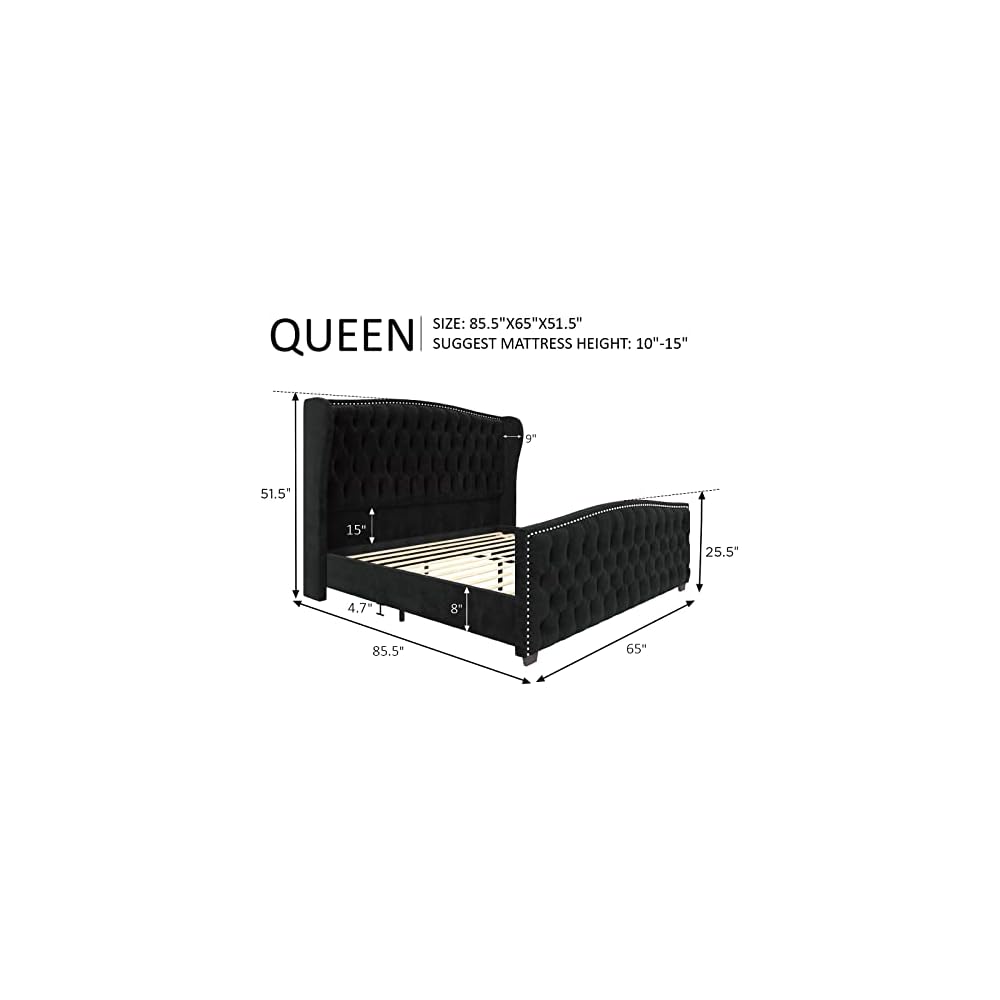 Queen Size Bed Frame with Velvet Upholstered Wingback Headboard