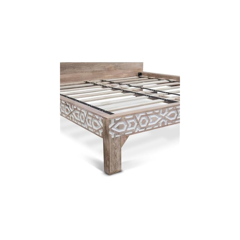 Haveli Mango Wood Geometric Carved King Bed in Natural