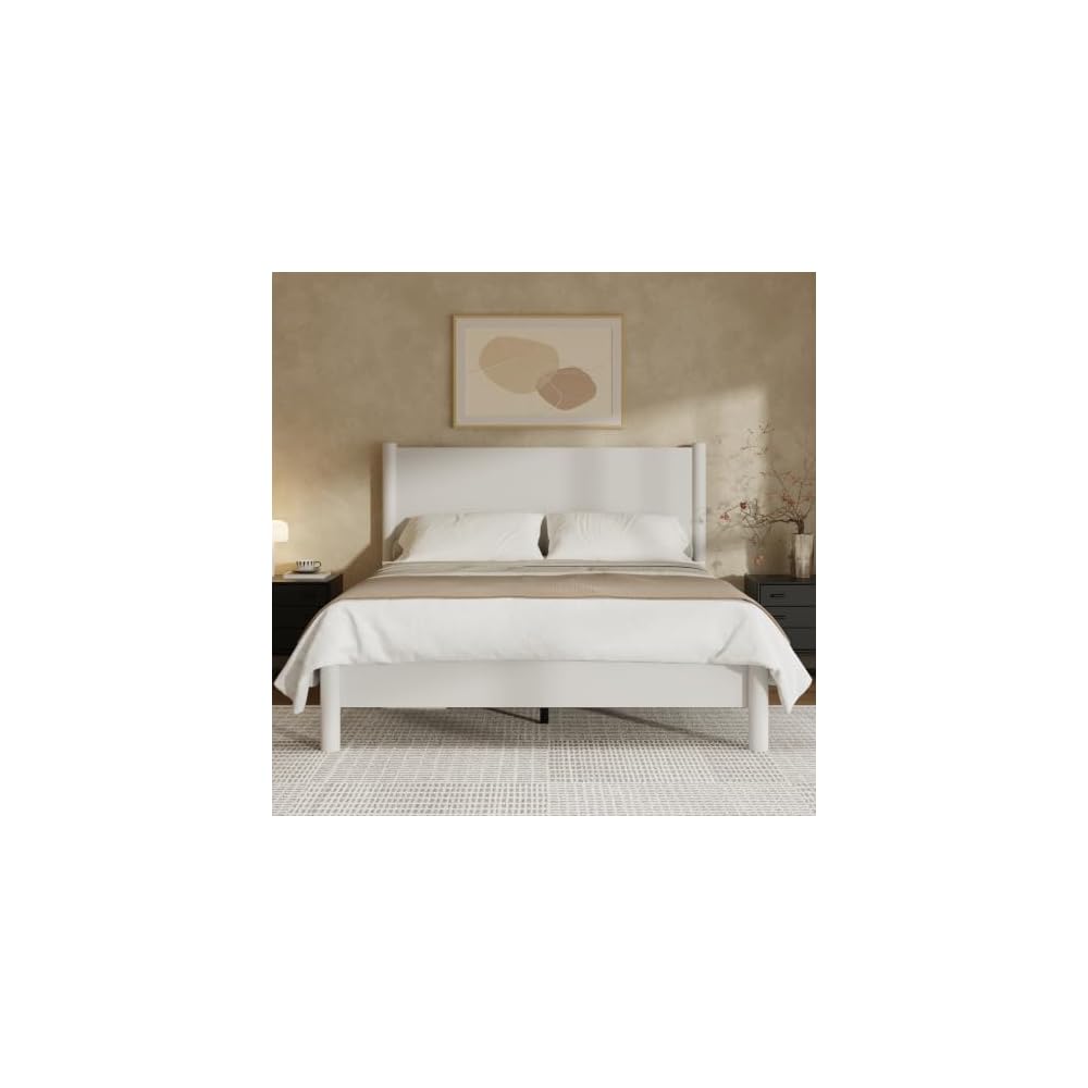 King Size Platform Bed Frame with Wood Headboard, White