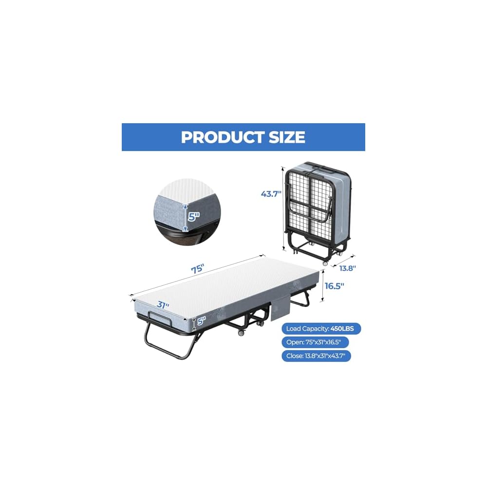 75" x 31" Folding Bed with Mattress, Portable Guest Beds with 5" Memory Foam Mattress, Foldable Sturdy Metal Frame Single Bed with Wheels, Rollaway Bed for Bedroom, Office, Space-Saving