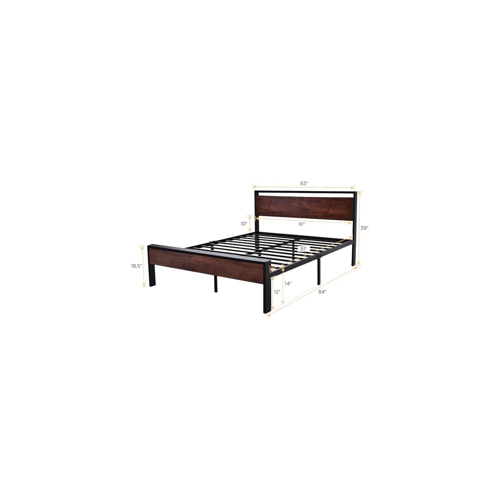14 Inch Queen Size Metal Platform Bed Frame with Wooden Headboard and Footboard, Mattress Foundation, No Box Spring Needed, Large Under Bed Storage, Non-Slip Without Noise, Mahogany