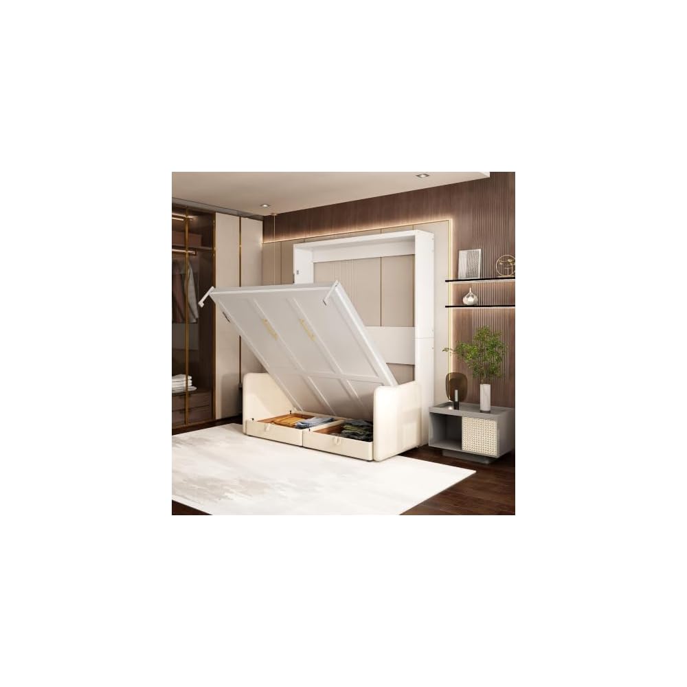 Queen Murphy Bed with Sofa, Space-Saving Wall Bed, Metal Frame, White