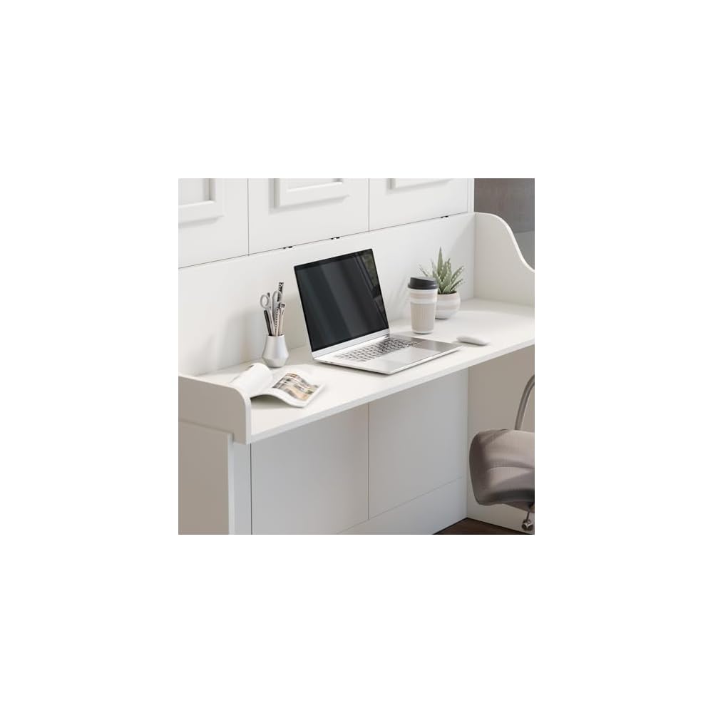 Alegra Full Murphy Bed with Desk | Engineered and Solid Wood Construction | Smooth Painted Finish - NO Melamine Used | Perfect for a Home Office Guest Bed (Warm White)