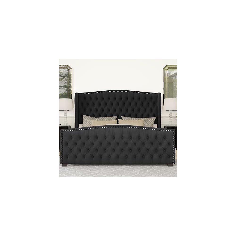 Queen Size Bed Frame with Velvet Upholstered Wingback Headboard