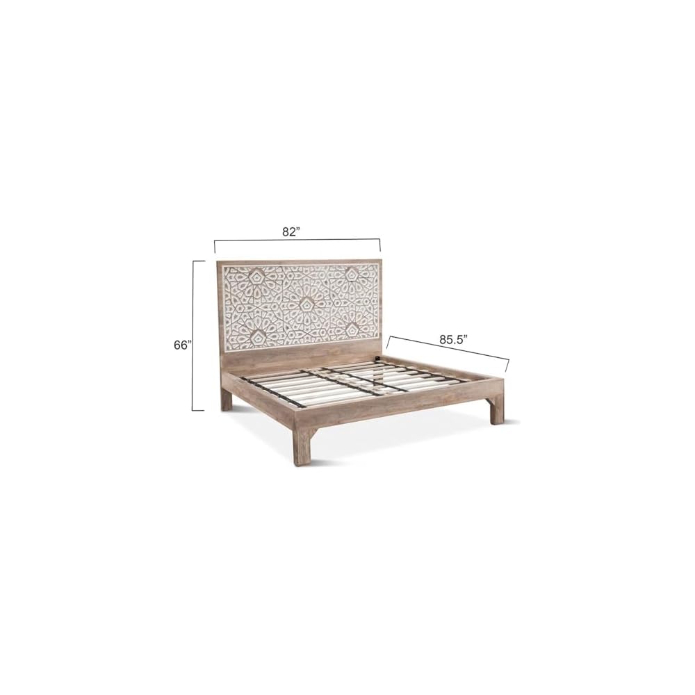 Haveli Mango Wood Geometric Carved King Bed in Natural