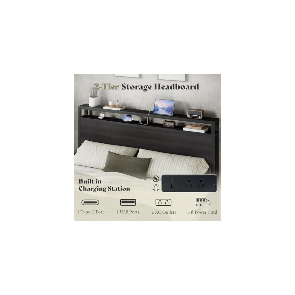 King Size Platform Bed Frame with Charging Station