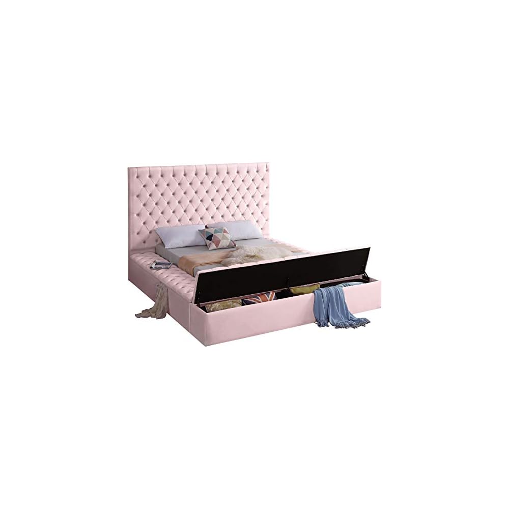 Bliss Collection Modern | Contemporary Velvet Upholstered Bed with Deep Button Tufting and Storage Compartments in Rails and Footboard, Pink, Queen