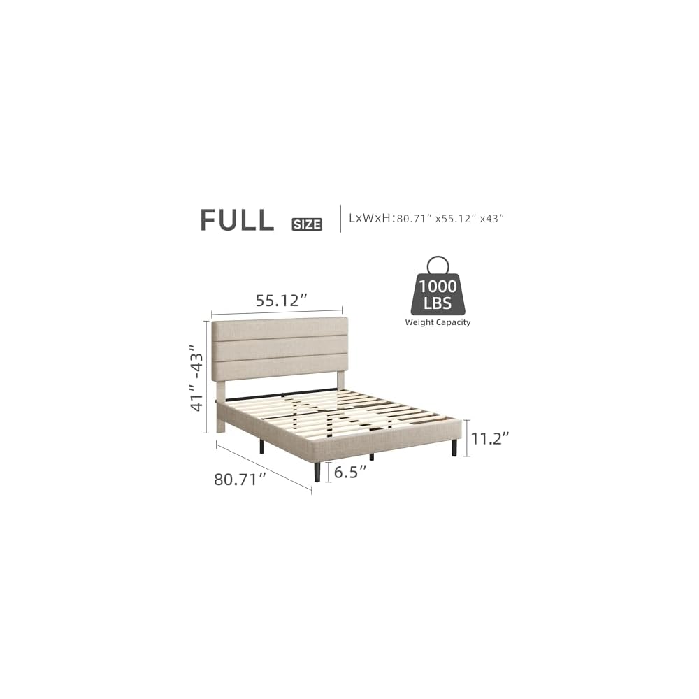 Full Platform Bed Frame with Adjustable Linen Fabric Upholstered Headboard, Strong Slats Support, Noise-Free, No Box Spring Required, Easy Assembly for Bedroom Guest Room, Beige