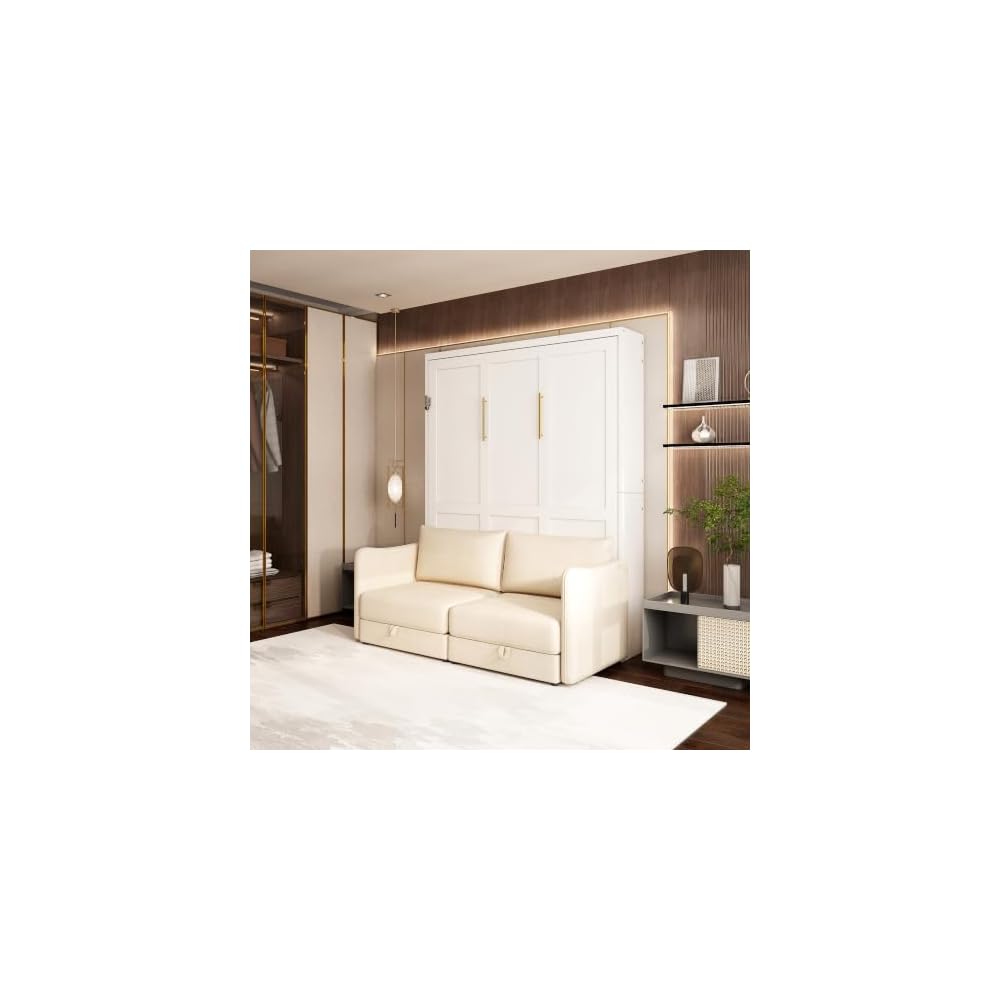 Queen Murphy Bed with Sofa, Space-Saving Wall Bed, Metal Frame, White
