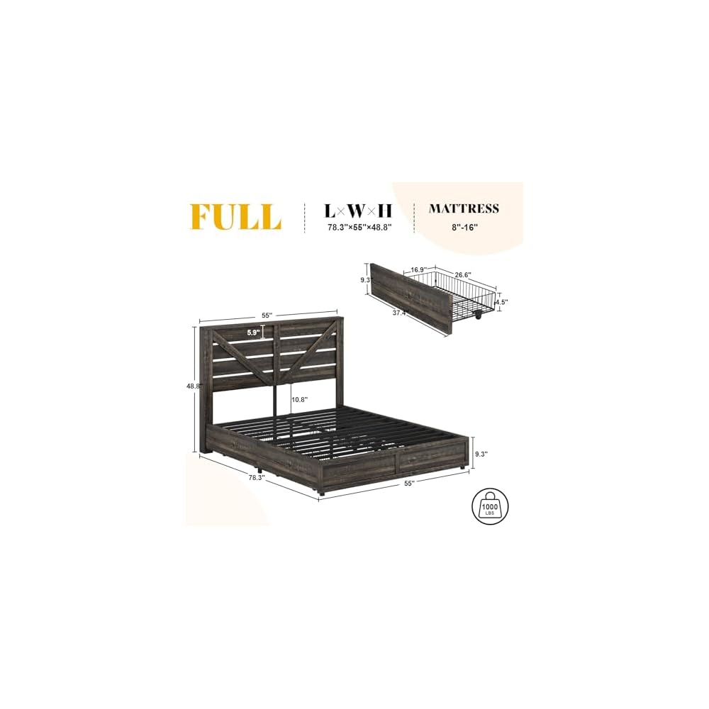 Full Size Farmhouse Bed Frame with 4 Drawers & Barn Door Headboard