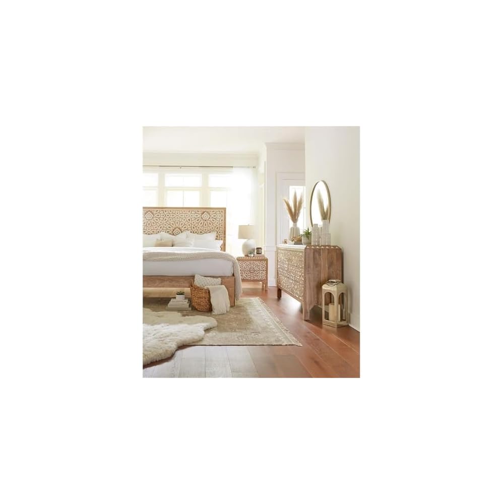 Haveli Mango Wood Geometric Carved King Bed in Natural