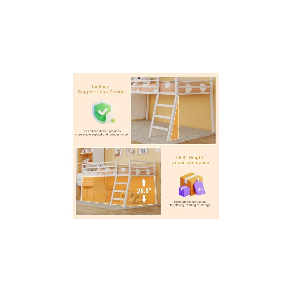 Loft Bed Twin Size with Stairs and Guard, White
