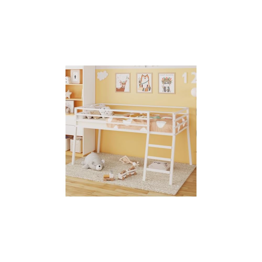 Loft Bed Twin Size with Stairs and Guard, White