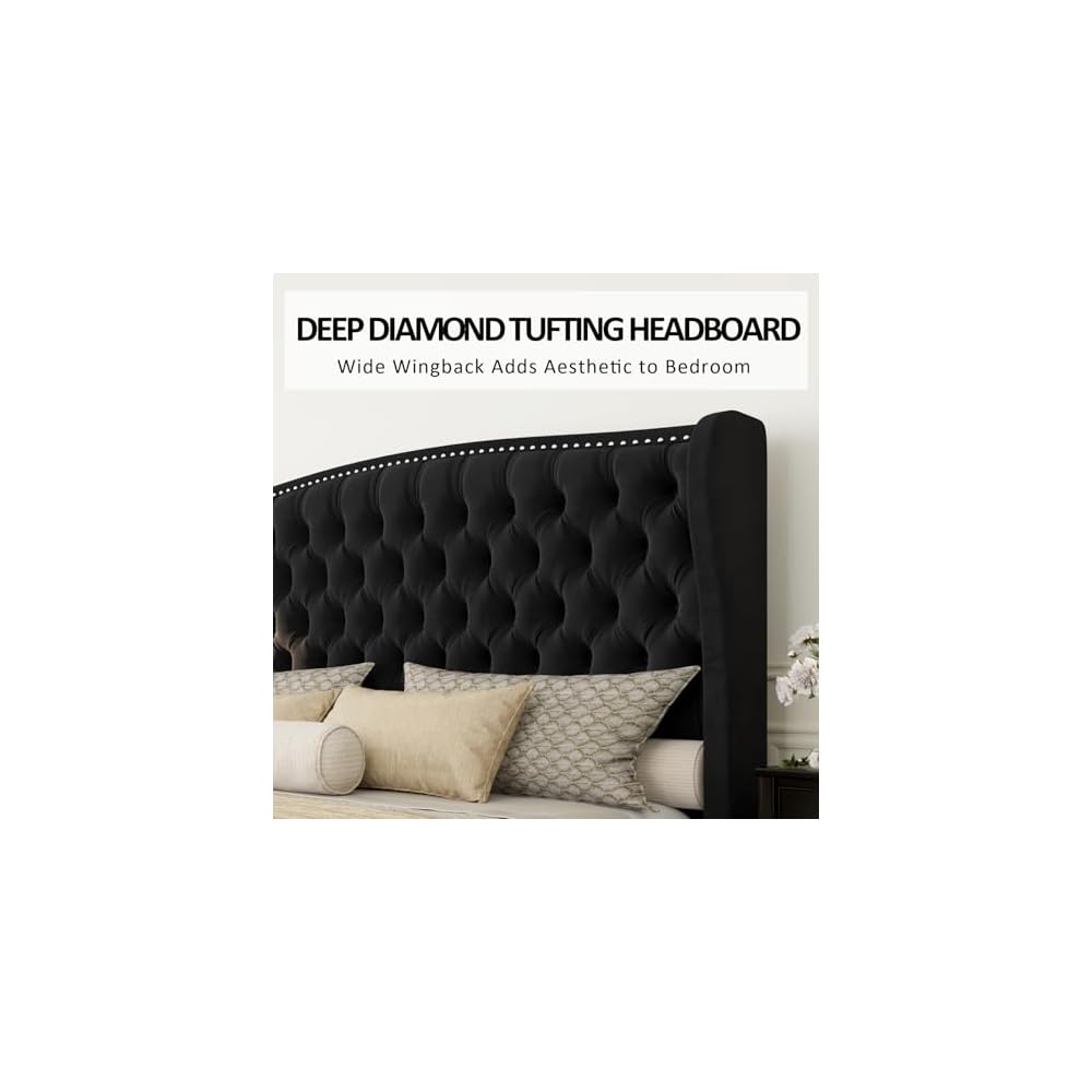 Queen Size Bed Frame with Velvet Upholstered Wingback Headboard