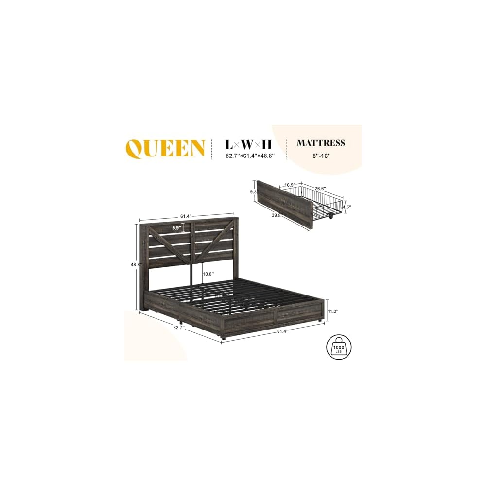 Queen Size Farmhouse Bed Frame with 4 Storage Drawers